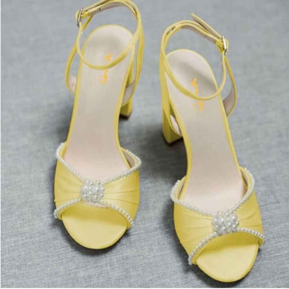 XYD Yellow Open Toe Pearl Wedding Shoes Block Heel Sandals Ankle Strappy Shoe